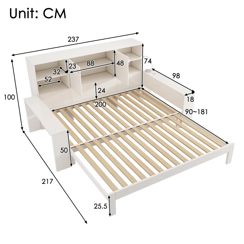 Cama com arrumação 90x200 cm, cama de hóspedes extensível 180x200 cm, 3 prateleiras reguláveis em altura, 237x133x100 cm, Branco
