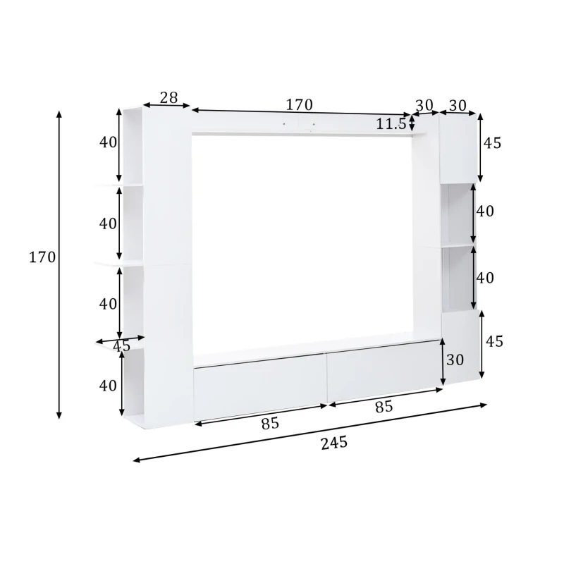 Mobile TV 4 pezzi con vetrina e ripiani aperti pe salotto, 228x30x170 cm, Bianco