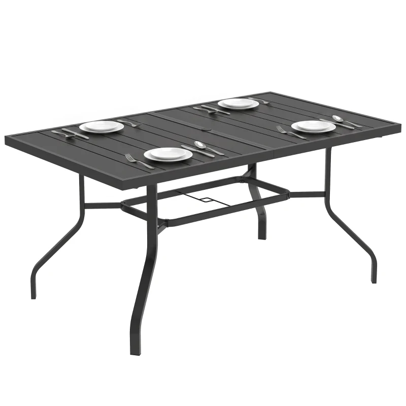 Outsunny Gartentisch 152x90 cm, Wetterfest Balkontisch aus Stahl, Beistelltisch mit Schirmloch, Latten-Design Schwarz