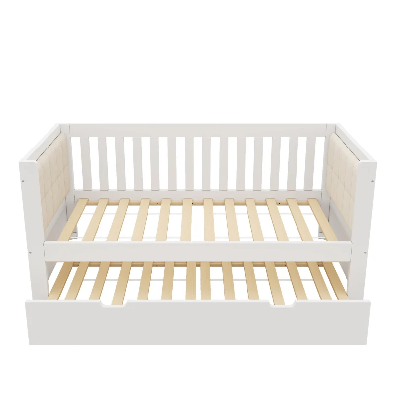 Cama de día con cama nido, diseño que ahorra espacio, madera de pino con somieres de lamas, 208x95x74 cm, Blanco
