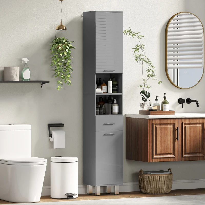kleankin Badezimmerschrank, Badkommode, mit Regalen und Schublade, verstellbar, Grau