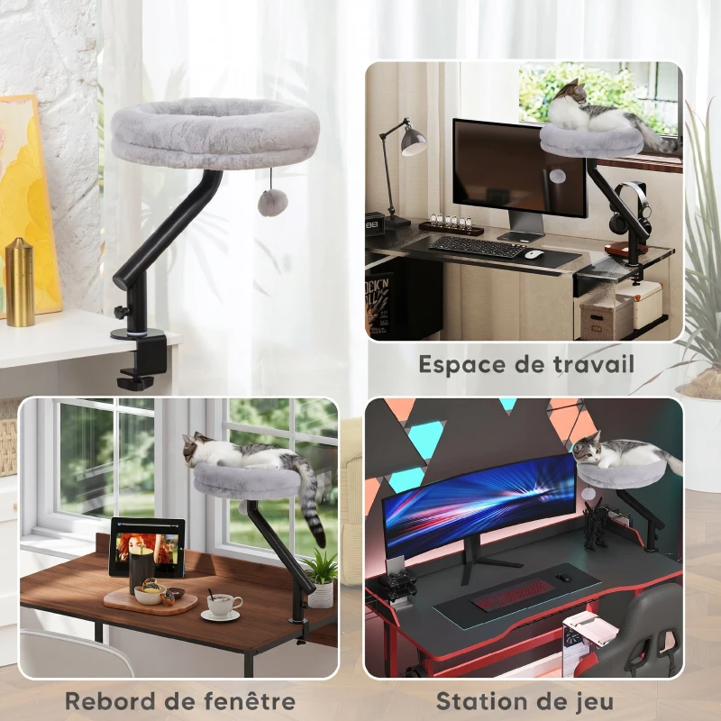 PawHut Lit de Bureau pour Chat Rotation de 360° et Hauteur Réglable, Lit pour Chat Lavable avec Balle Jouet,  35x35x48cm, Gris