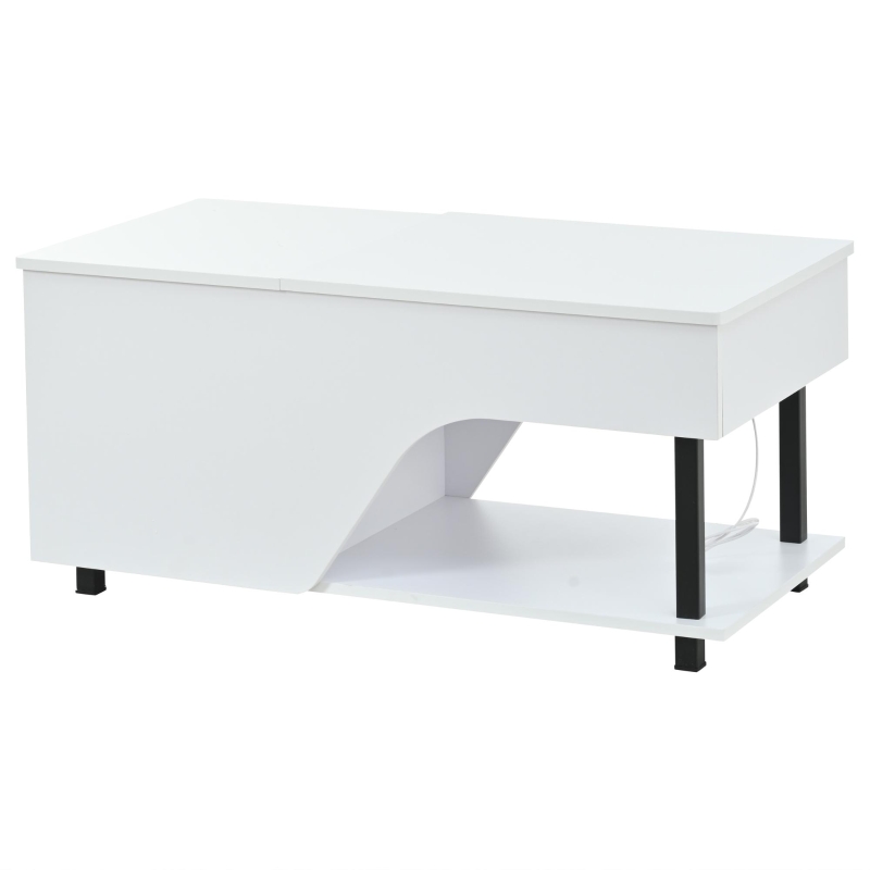 Tavolino da salotto regolabile in altezza con vano portaoggetti nascosto, scomparti laterali regolabili, 50x100x46 cm, Bianco