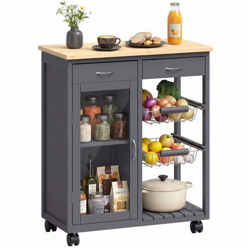 HOMCOM Bamboo Kitchen Island, Rolling Kitchen Trolley with Glass Door, 2 Metal Wire Baskets and Adjustable Shelf, Grey