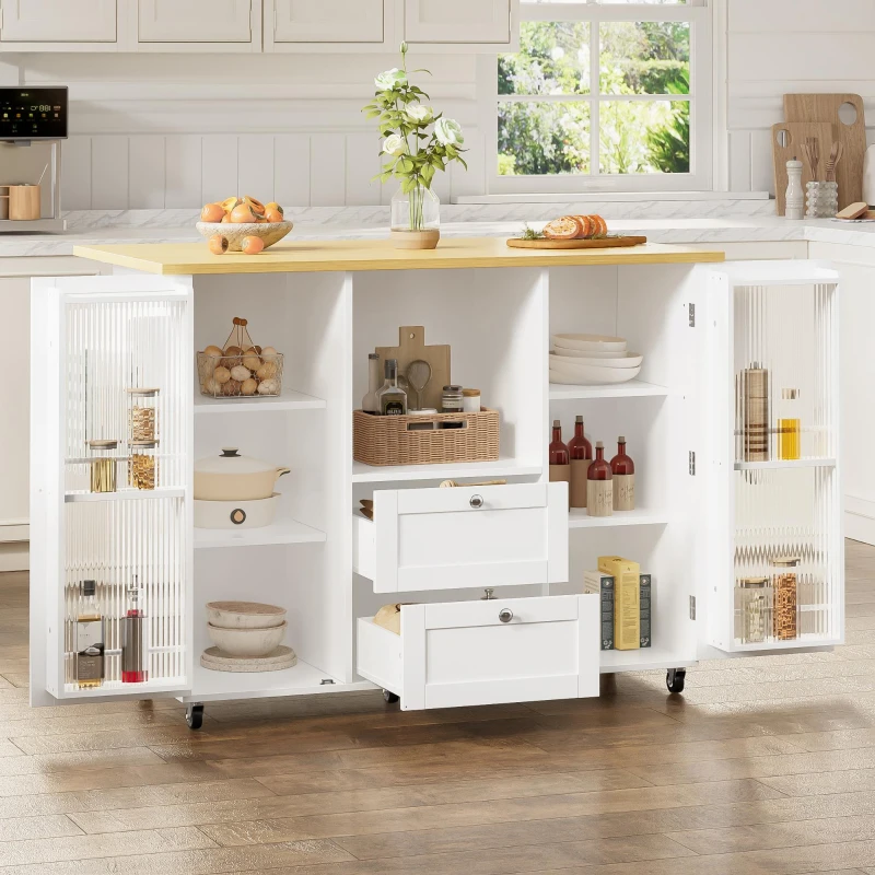 Isla de cocina sobre ruedas con encimera abatible, protección antivuelco y ruedas con bloqueo 360°, 120x70x92 cm, Blanco