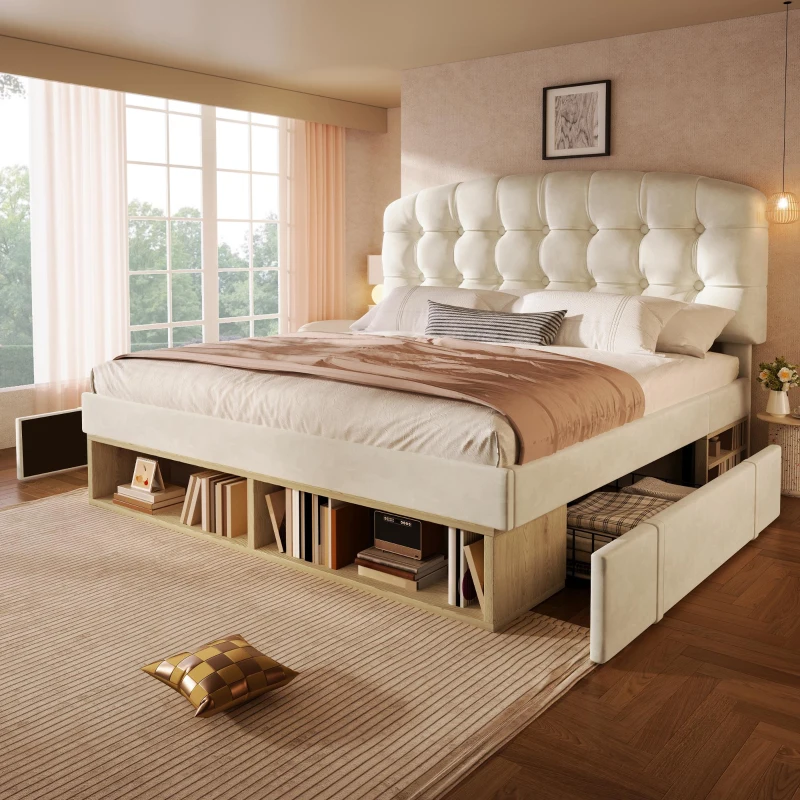 Cama de casal 140x200 estofada com estrado de ripas, cabeceira curva regulável em 3 alturas, sem colchão, 207x151x120 cm, Bege