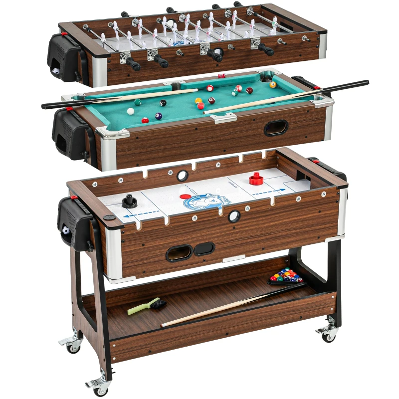 SPORTNOW Tavolo 3 In 1: Air Hockey, Biliardo, Calcio Balilla, Ruote Bloccabili, Ripiano