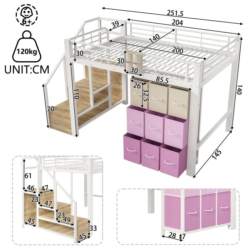 Letto matrimoniale a soppalco 140x200 cm con scala contenitore e ripiani in tessuto, 251,5x145x140 cm, Bianco