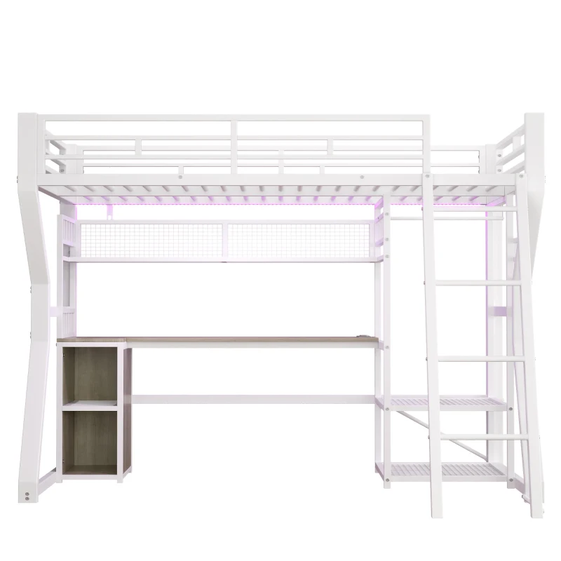 Letto a soppalco per materasso 90x200 cm con scomparti portaoggetti e spazio inferiore LED aperto, 204x131.5x180 cm, Bianco