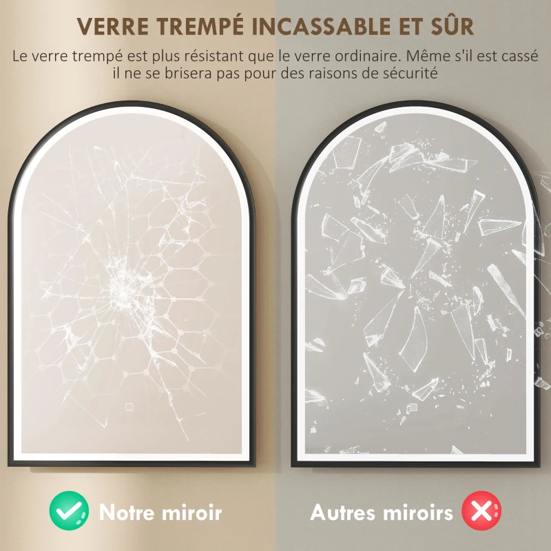 HOMCOM Miroir salle de bain avec éclairage 50 x 70 cm, miroir LED arqué, anti-buée, 3 couleurs lumière, dimmable, mémoire, noir