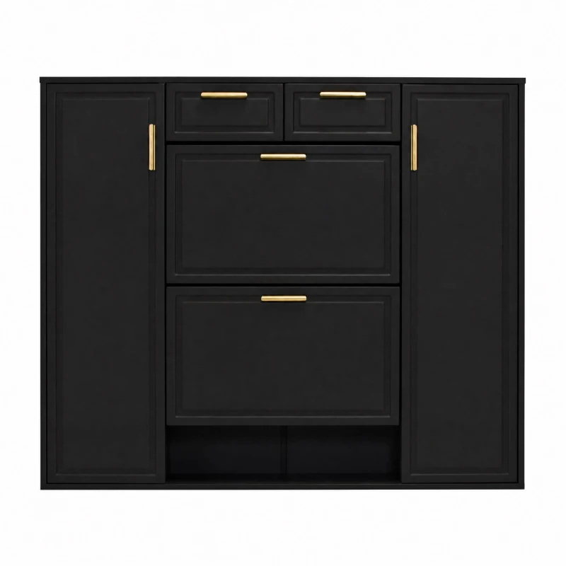 Scarpiera moderna con ripiani regolabili, 2 cassetti e maniglie dorate, 120x24x107 cm, Nero