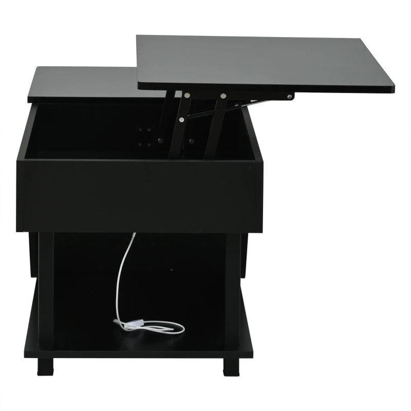 Table basse réglable en hauteur avec rangement caché, compartiments latéraux réglables, 50x100x46 cm, Noir