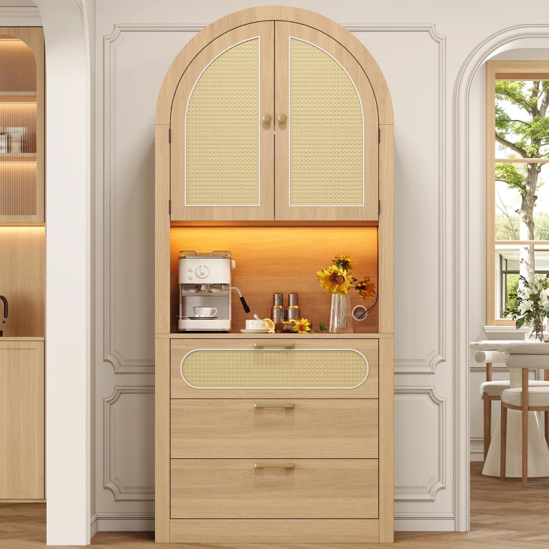 Mobile contenitore ad arco stile scandinavo con ante in rattan e sistema antiribaltamento, 80x35x180 cm, color legno
