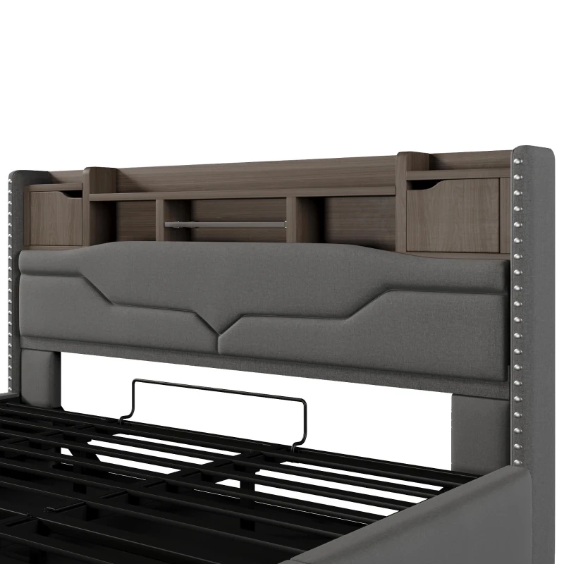 Cama estofada 180×200 cm, cama com arrumação hidráulica, sem colchão, 219x186,5x110 cm, Cinzento