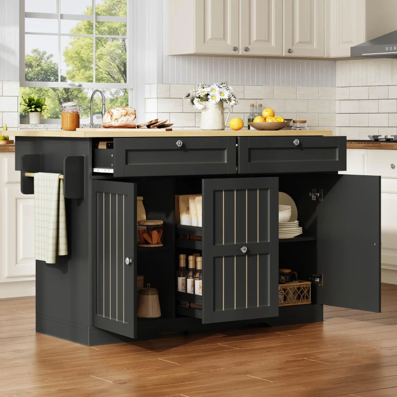 Ilha de cozinha móvel com tampo rebatível, gavetas verticais de 2 níveis, rodízios bloqueáveis 360°, 120x70x92 cm, Preto
