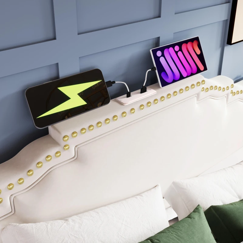 Cama estofada 180×200, cama com 4 gavetas de arrumação, iluminação LED ambiente integrada, 214x189x120 cm, Bege