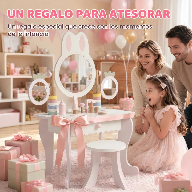 AIYAPLAY Tocador de Maquillaje para Niñas con Taburete Espejos Giratorios Cajón 6 Accesorios Bandejas Laterales para +3 Años Rosa