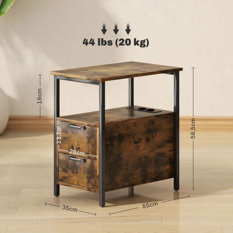 HOMCOM Bijzettafel met Oplaadstation, USB, Stopcontacten, 2 Laden en Plank voor Woonkamer, Slaapkamer