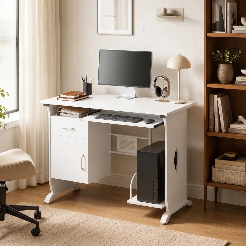 HOMCOM Escritorio para ordenador, 100 x 52 x 75 cm, bandeja deslizante para teclado, cajones y soporte para unidad central, blanco
