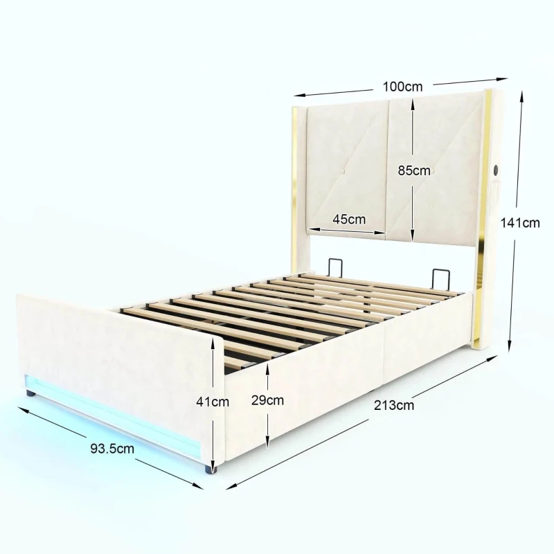 Cama em veludo com cabeceira estofada e matelassada, bolsos laterais, 100x213x141 cm, Bege