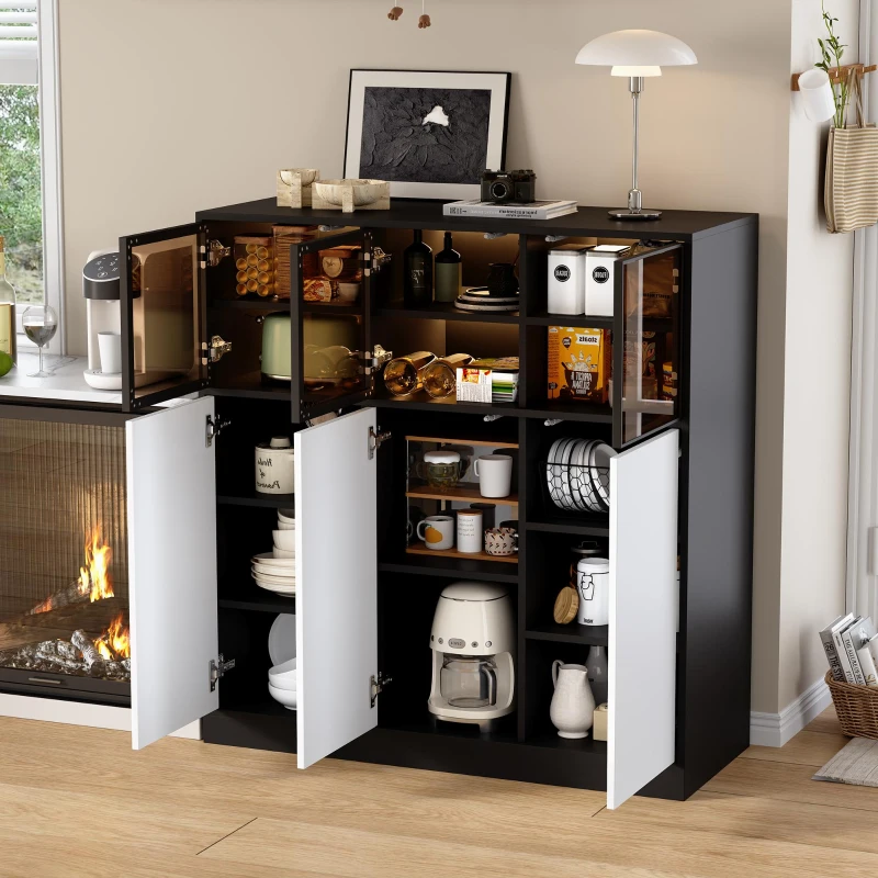 Credenza da cucina con illuminazione LED, 3 ante in vetro, 3 ante bianche e 14 ripiani, 100x40x105 cm, Bianco