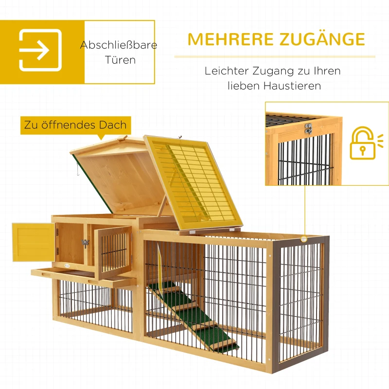 PawHut Konijnenhok 2 Verdiepingen Tannenhout Winterbestendig Dubbeldeks met Vrijloopgehege Helling 150x52x68 cm Geel
