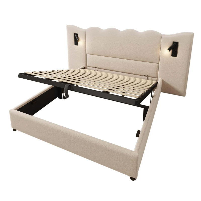 Letto imbottito matrimoniale con lampada da lettura orientabile, rivestimento effetto lino e testiera a onde, 215x252x111 cm, Beige