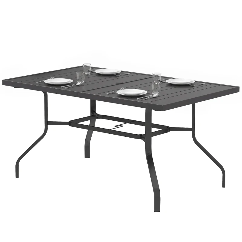 Outsunny Gartentisch 152x90 cm, Wetterfest Balkontisch aus Stahl, Beistelltisch mit Schirmloch, Latten-Design Schwarz