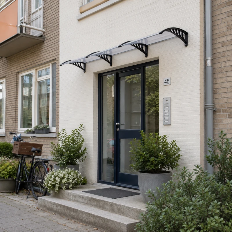 Outsunny Afdak voor Voordeur/Raam, Weerbestendig, Transparant, Aluminium/Polycarbonaat, 303x96x27cm, Zwart