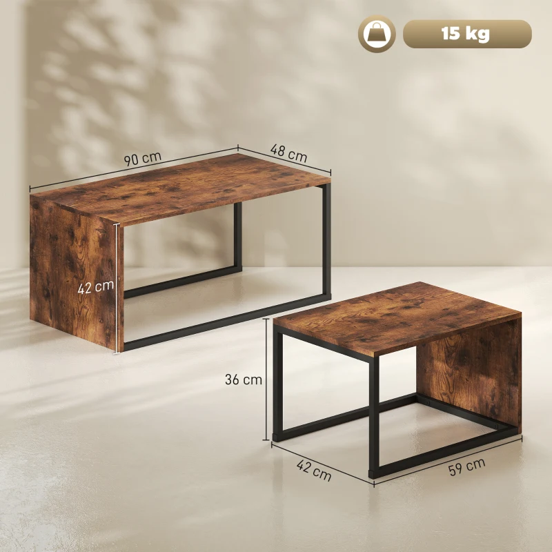 HOMCOM Set van 2 Salontafels, Sofatafel, Bijzettafel, MDF, Metaal, 90 x 48 x 42 cm / 59 x 42 x 36 cm, Zwart+Bruin