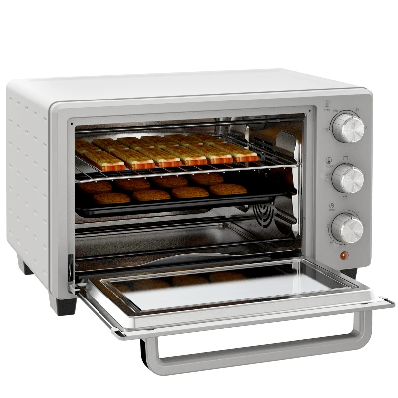 HOMCOM Mini-oven, 21 L broodrooster-oven met 1 draadrek en 1 bakplaat, 3 kookmodi, 100 °C-230 °C, roestvrij staal, glas, Zilver