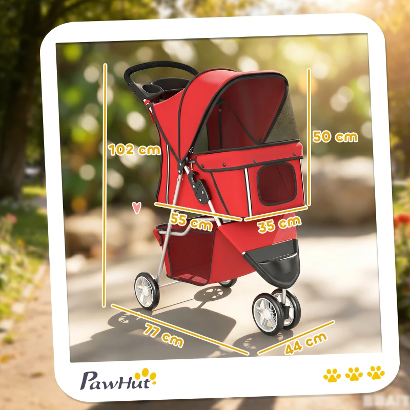 PawHut Poussette pour Chien 4 Roues, Chariot Pliable avec Auvent Réglable, Panier de Rangement, 77x44x102cm, Rouge