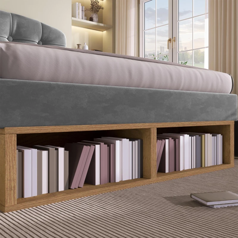 Cama tapizada 90x200 con ajuste de altura en 3 niveles, cajones integrados y compartimentos de almacenaje, 207x101x120 cm, Gris
