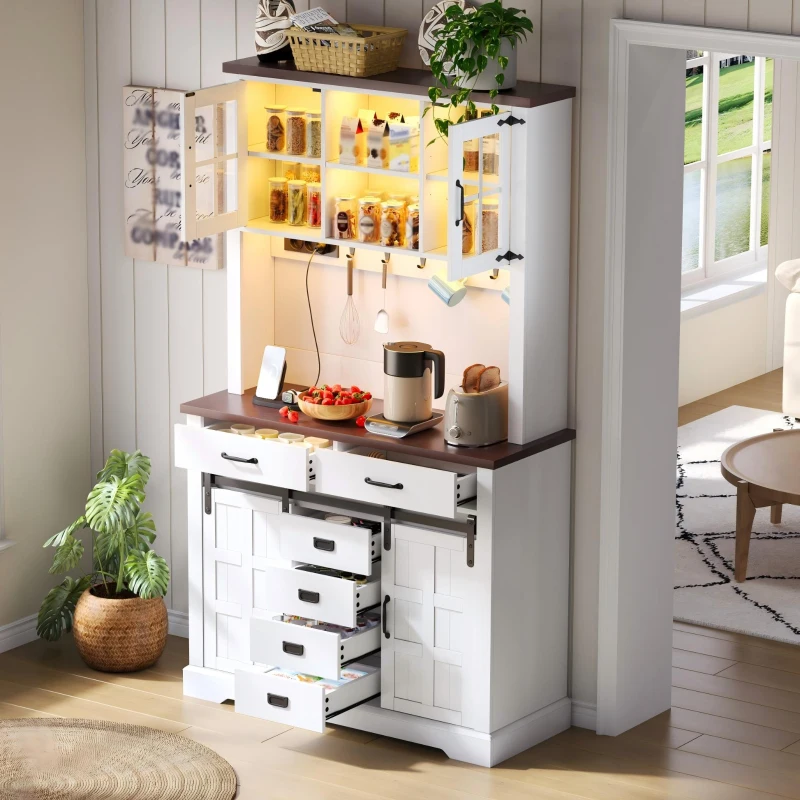 Dispensa da cucina con piano multiuso, ripiani regolabili, ganci in acciaio inox e sistema antiribaltamento, 108x40x180 cm, Bianco