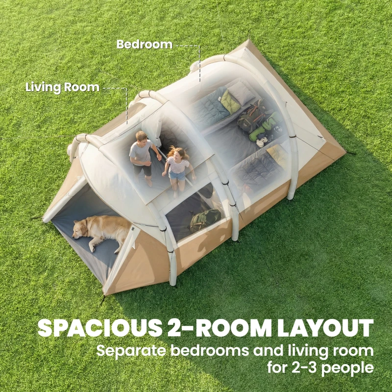 Outsunny Inflatable Camping Tent w/ Air Pump, Easy Setup 2-3 Person Blow Up Tent, Khaki