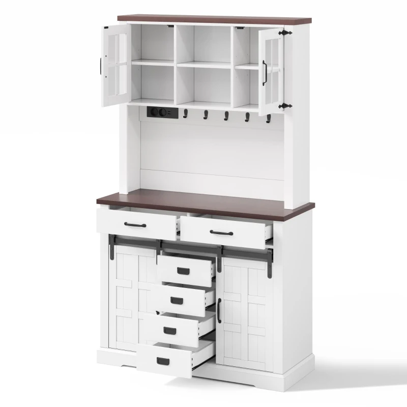 Armario de cocina, superficie de trabajo multifuncional, estantes ajustables, ganchos de acero inoxidable, sistema anti-vuelco, 108x40x180 cm, Blanco