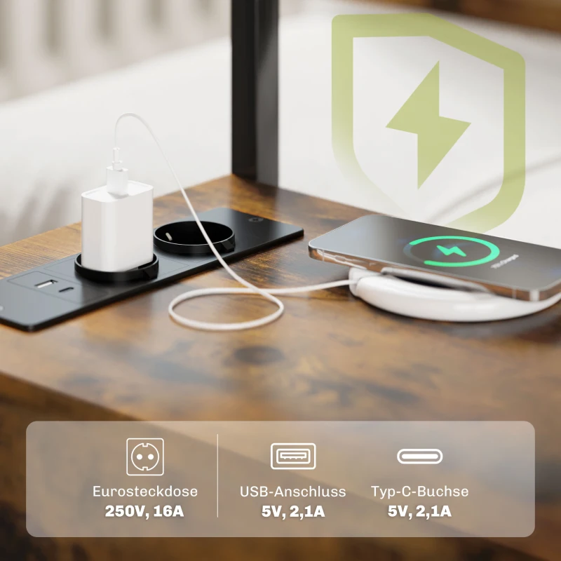 HOMCOM Bijzettafel met Oplaadstation, USB, Stopcontacten, 2 Laden en Plank voor Woonkamer, Slaapkamer