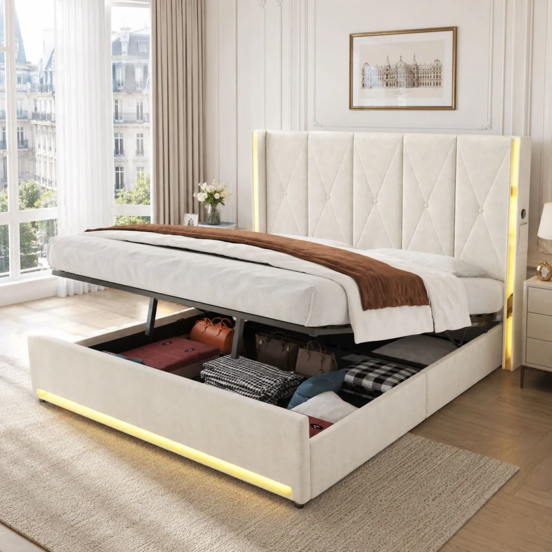 Cama de terciopelo con cabecero acolchado y capitoné, prácticos bolsillos laterales, apta para colchón 180x200 cm, 190x213x141 cm, Beige