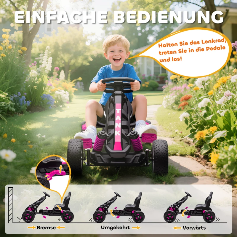 AIYAPLAY Gokart mit Pedalen, Tretauto für Kinder mit Bremse, rutschfeste Räder, Metallrahmen, 3-6 Jahre, Rosa