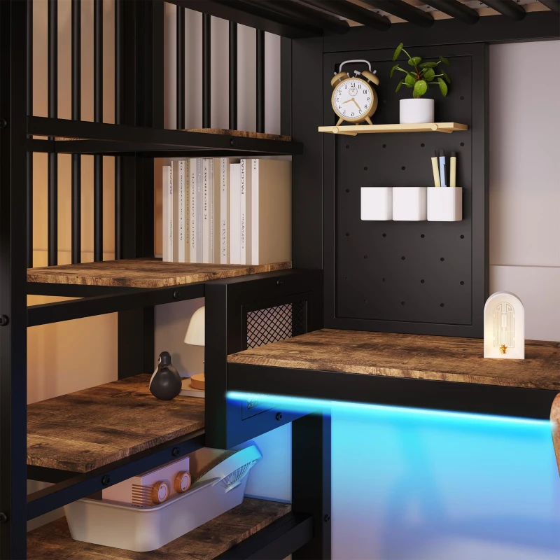 Letto a soppalco 90x200 cm con scrivania angolare, spazio contenitore e ciabatta integrata, 255x164x182 cm, Marrone e Nero