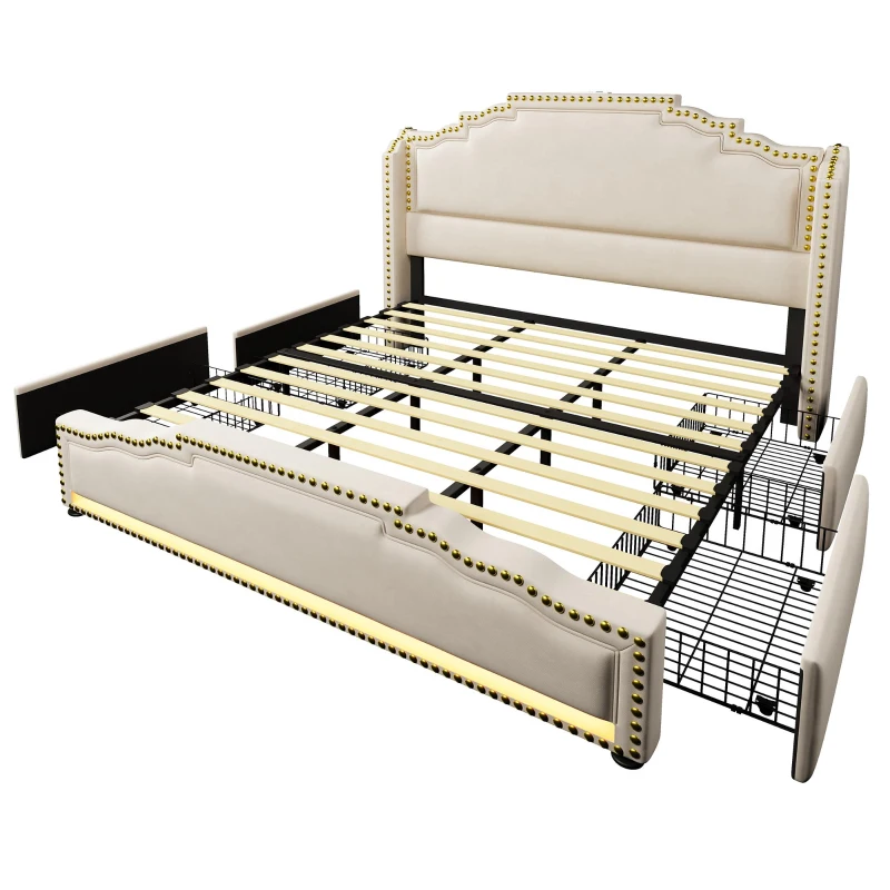 Cama estofada 180×200, cama com 4 gavetas de arrumação, iluminação LED ambiente integrada, 214x189x120 cm, Bege