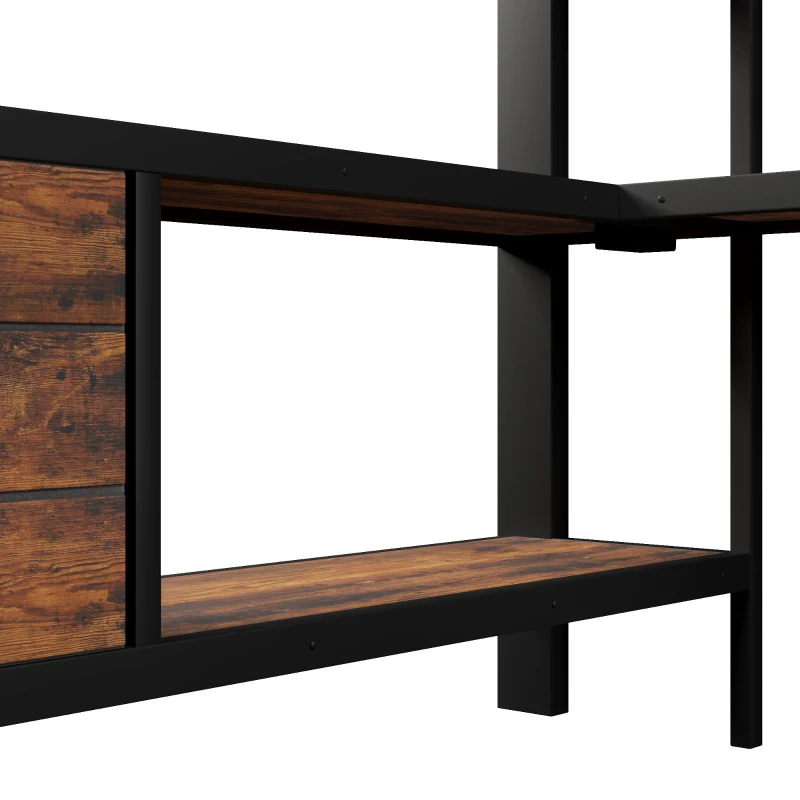 Cama alta 140 x 200 cm, prateleira integrada e 3 gavetas, sem colchão, 251x146x170 cm, Preto