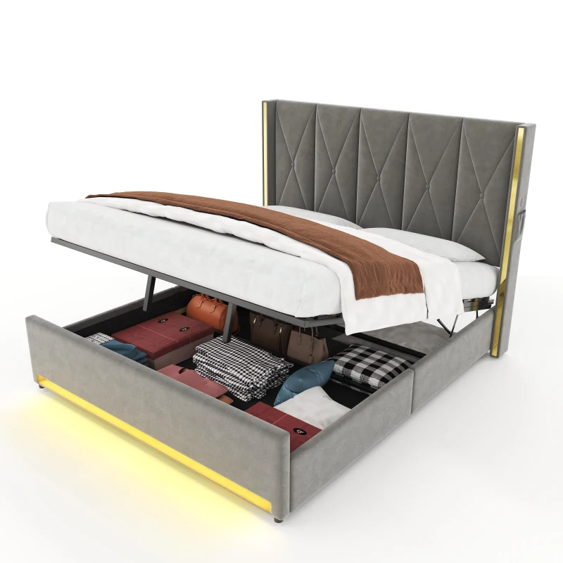 Cama de terciopelo con cabecero acolchado y capitoné, prácticos bolsillos laterales, apta para colchón 180x200 cm, 190x213x141 cm, Gris oscuro
