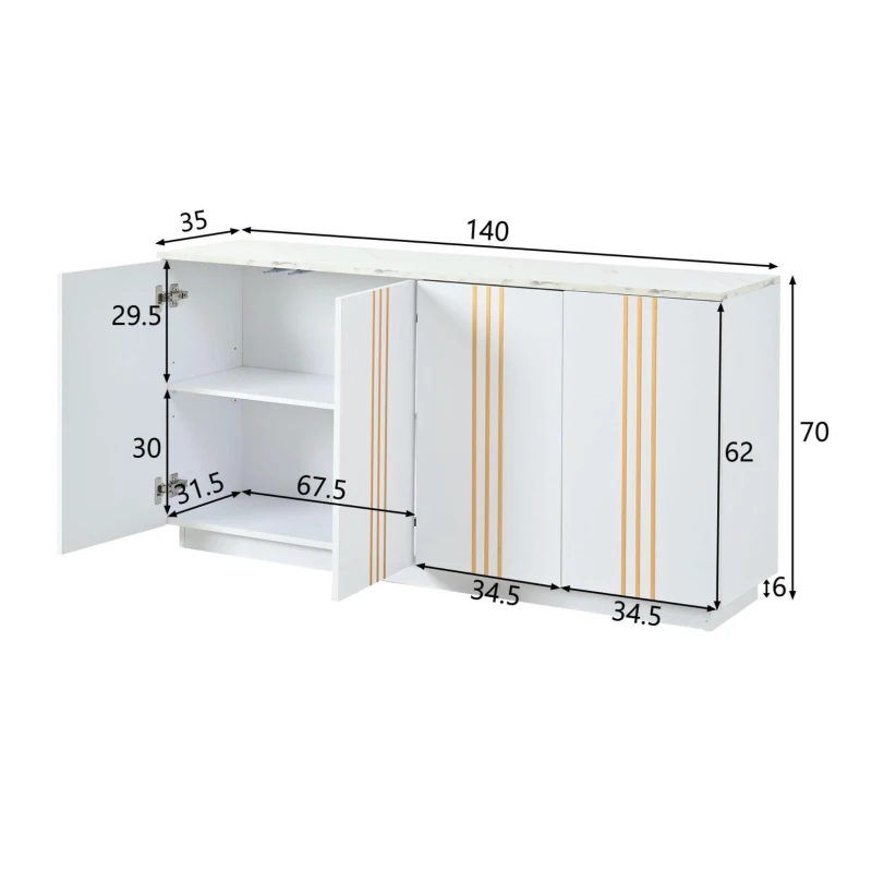 Credenza moderna a 4 ante con dettagli dorati, 35x140x70 cm, BBianco