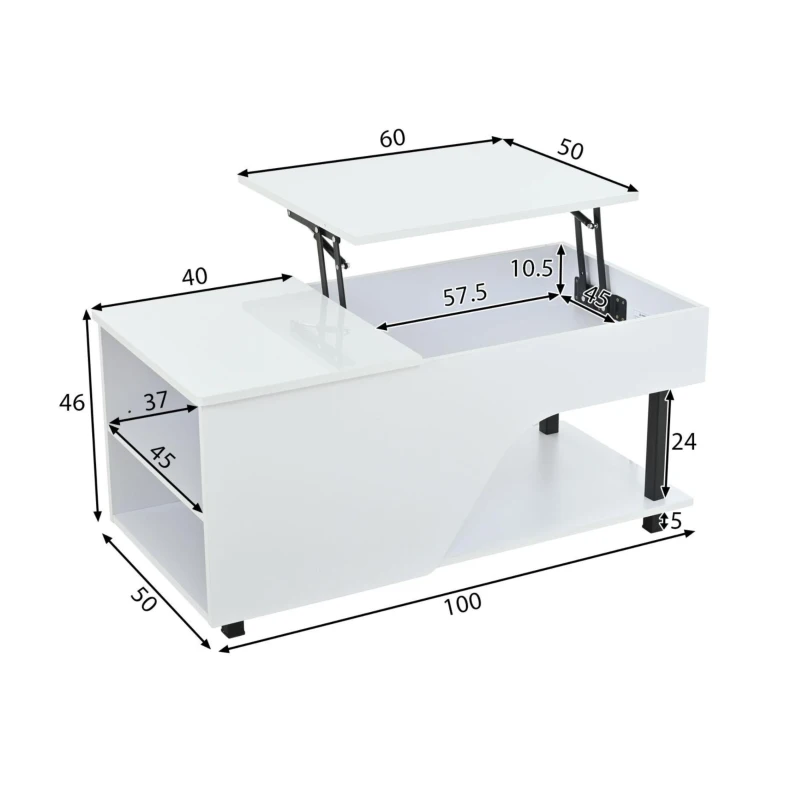 Table basse réglable en hauteur avec rangement caché, compartiments latéraux réglables, 50x100x46 cm, Blanc