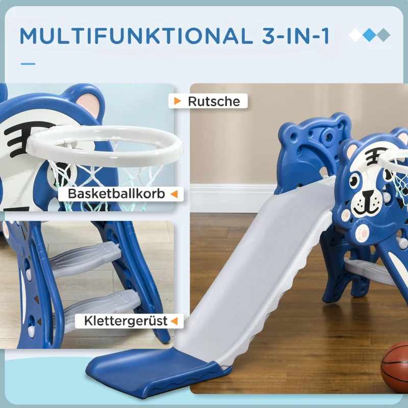 AIYAPLAY 3-in-1 kinderglijbaan met klimrek en basketbalring, cartoonontwerp voor kinderen van 18-36 maanden, blauw
