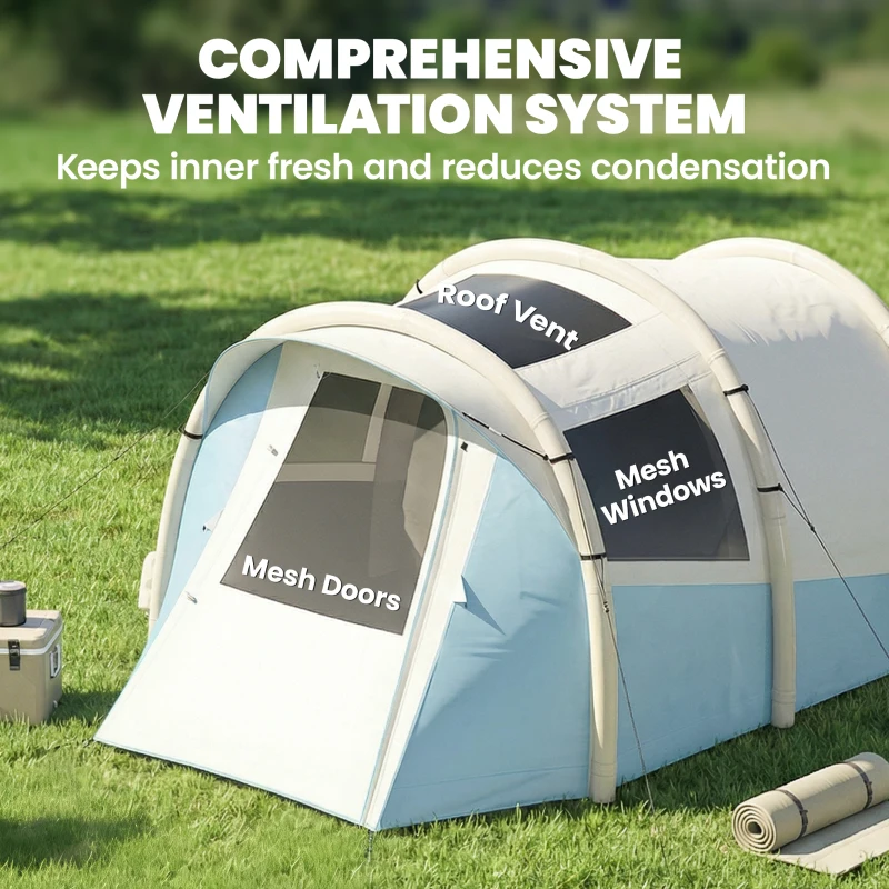 Outsunny Inflatable Camping Tent w/ Air Pump, Easy Setup 2-3 Person Blow Up Tent, Light Blue