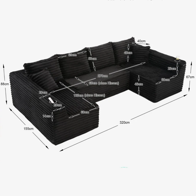 Divano a U in velluto a coste con portabicchieri integrato e tasca laterale, imbottitura a molle, 320x155x88 cm, Nero