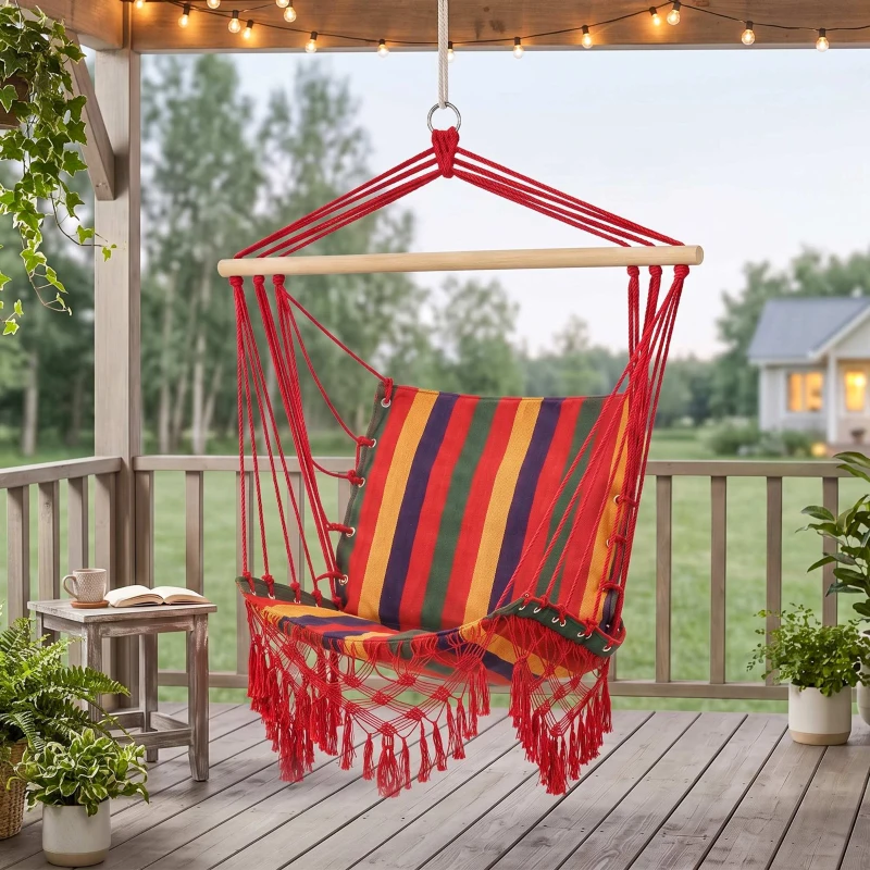 Outsunny Silla Hamaca Colgante Tejido de Algodón Poliéster Carga 100 kg Sillón Colgante para Interior Exterior Terraza 100x60x100 cm Multicolor