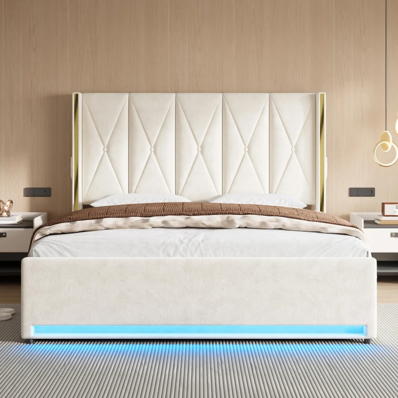 Cama de terciopelo con cabecero acolchado y capitoné, prácticos bolsillos laterales, apta para colchón 180x200 cm, 190x213x141 cm, Beige